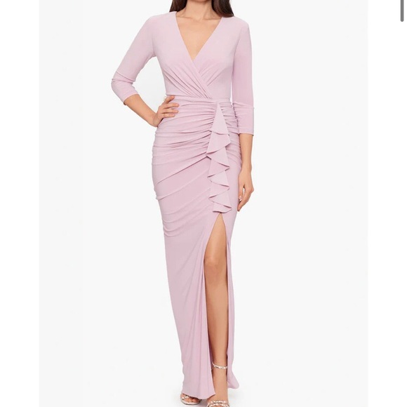 NWT Betsy and Adam Aubree Ruched Ruffle Long Sleeve V Neck Jersey Wrap Gown - Picture 10 of 16